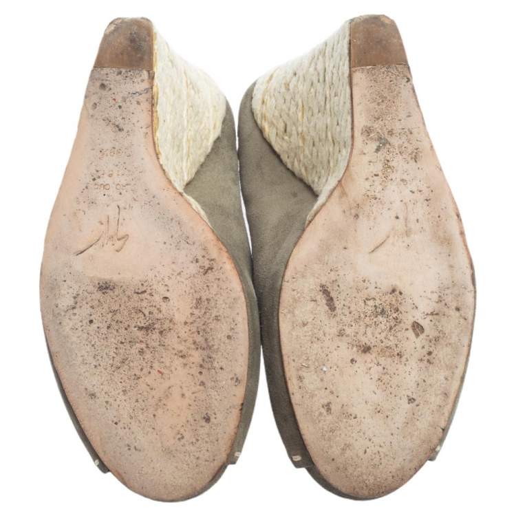 Pre Owned Giuseppe Zanotti Grey Suede Espadrille Wedge Peep Toe Mules Size 39.5
