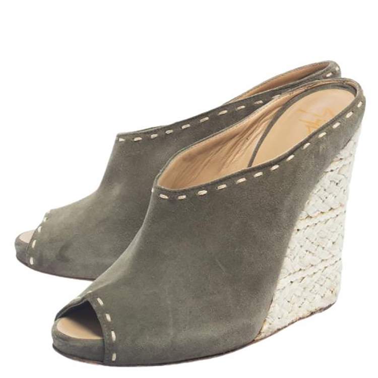Pre Owned Giuseppe Zanotti Grey Suede Espadrille Wedge Peep Toe Mules Size 39.5