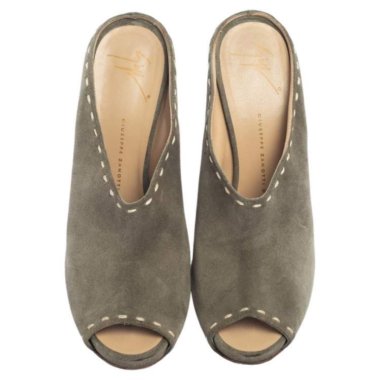 Pre Owned Giuseppe Zanotti Grey Suede Espadrille Wedge Peep Toe Mules Size 39.5