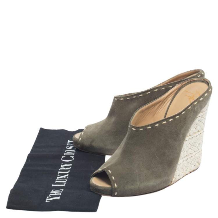 Pre Owned Giuseppe Zanotti Grey Suede Espadrille Wedge Peep Toe Mules Size 39.5
