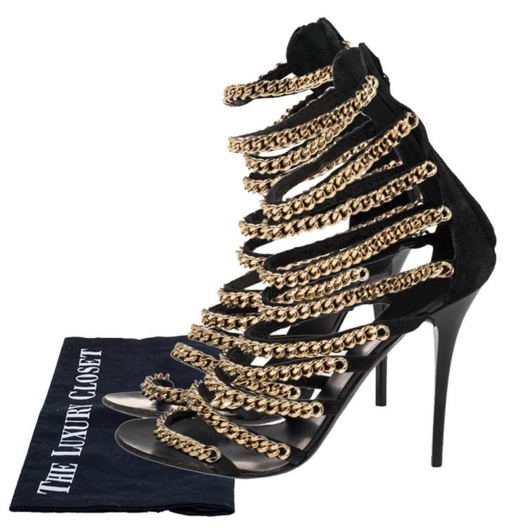 Pre Owned Giuseppe Zanotti Black Suede Chain Gladiator Sandals Size 38.5