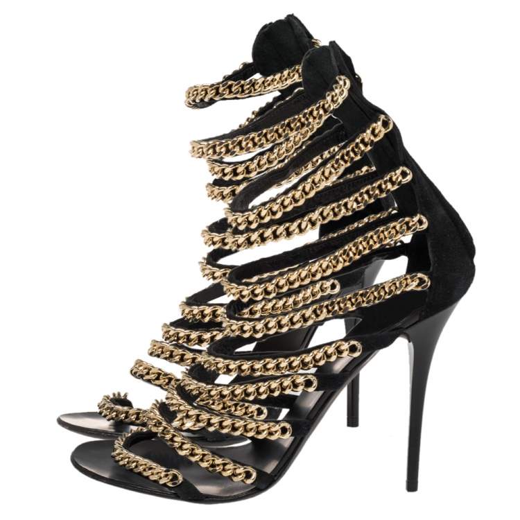 Pre Owned Giuseppe Zanotti Black Suede Chain Gladiator Sandals Size 38.5