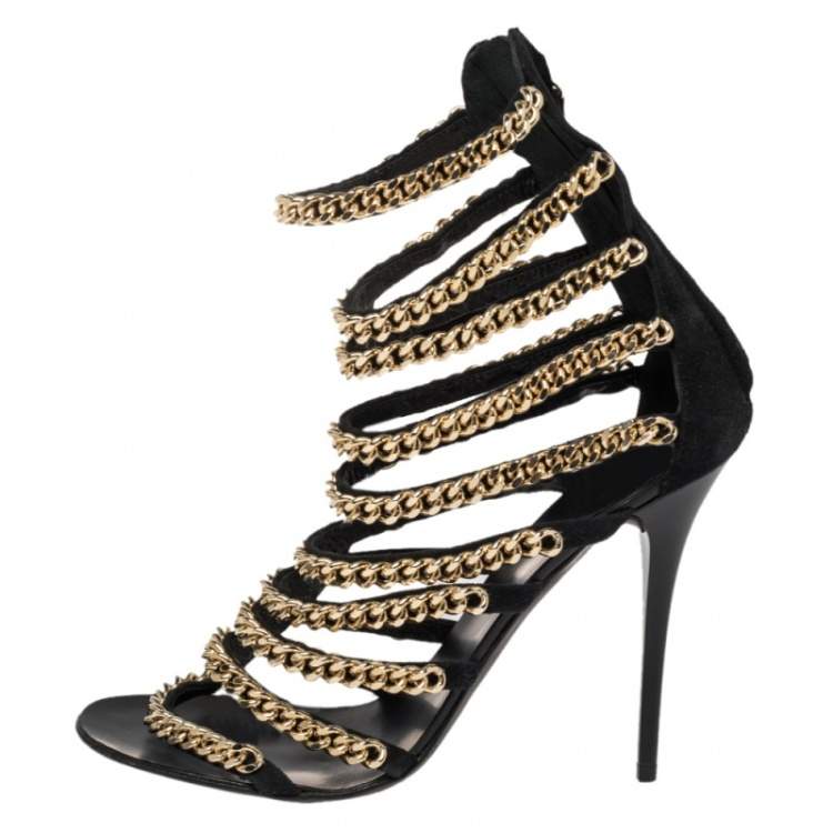 Pre Owned Giuseppe Zanotti Black Suede Chain Gladiator Sandals Size 38.5