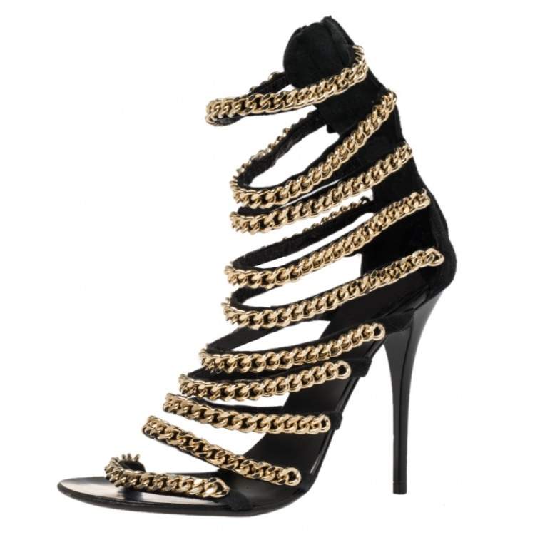 Pre Owned Giuseppe Zanotti Black Suede Chain Gladiator Sandals Size 38.5