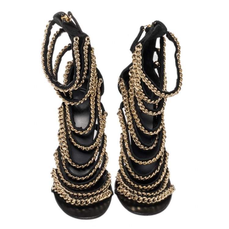Pre Owned Giuseppe Zanotti Black Suede Chain Gladiator Sandals Size 38.5