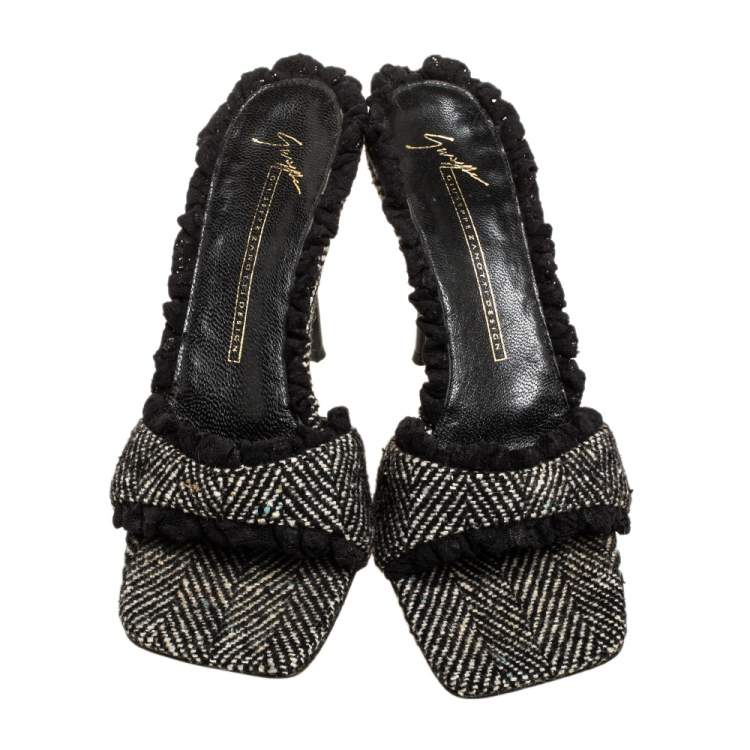 Pre Owned Giuseppe Zanotti Black Vintage Fabric Square Toe Sandals Size 37