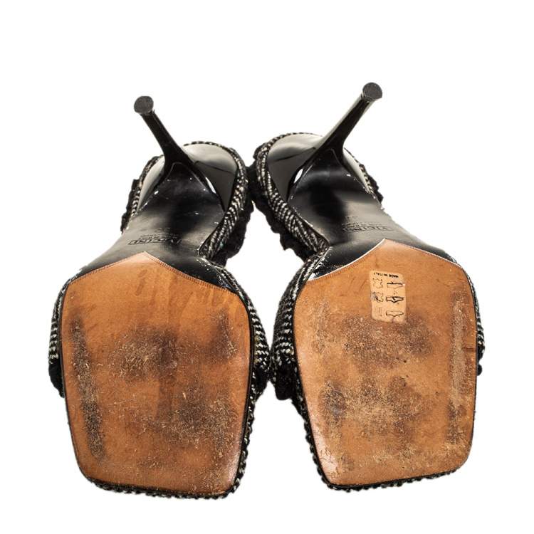 Pre Owned Giuseppe Zanotti Black Vintage Fabric Square Toe Sandals Size 37