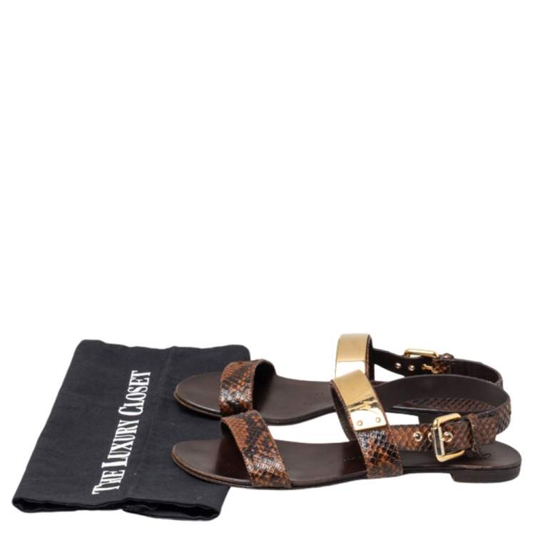 Pre Owned Giuseppe Zanotti Brown Python Embossed Leather Slingback Flat Sandals Size 39