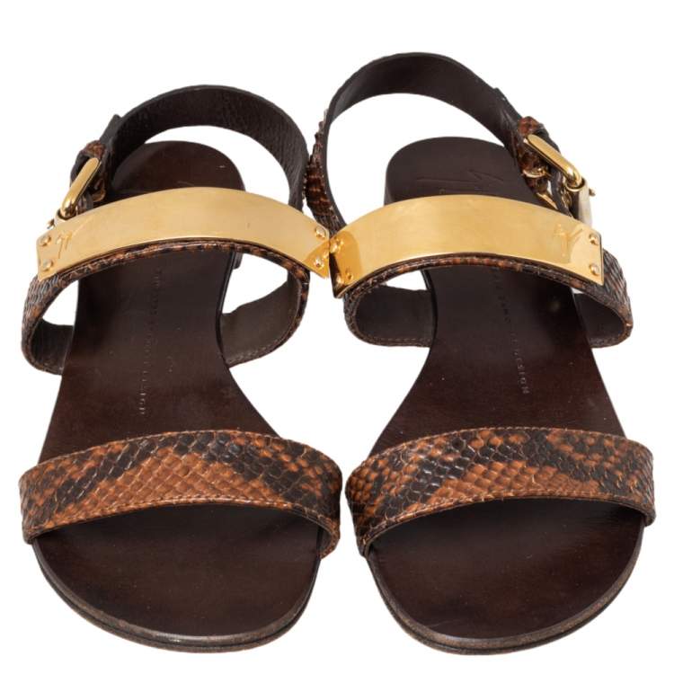 Pre Owned Giuseppe Zanotti Brown Python Embossed Leather Slingback Flat Sandals Size 39