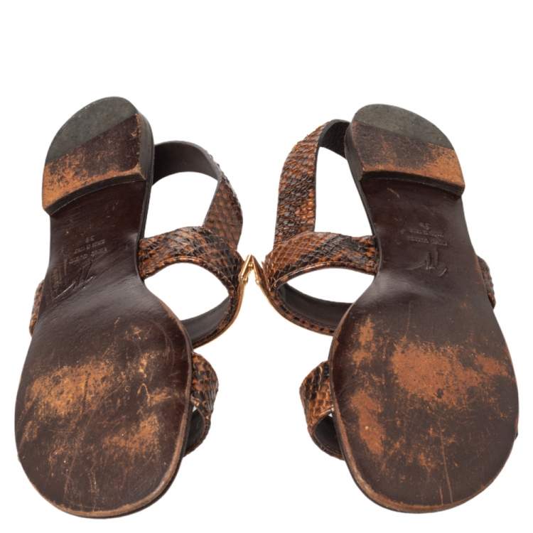 Pre Owned Giuseppe Zanotti Brown Python Embossed Leather Slingback Flat Sandals Size 39