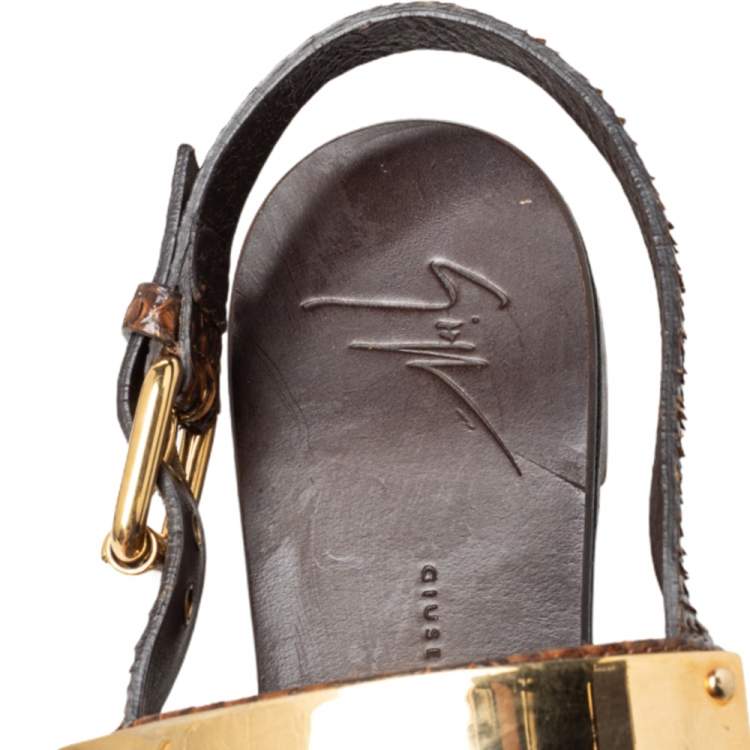 Pre Owned Giuseppe Zanotti Brown Python Embossed Leather Slingback Flat Sandals Size 39
