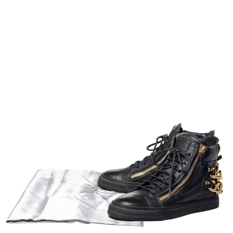 Pre Owned Giuseppe Zanotti Black Leather Chain Embellished Low Top Sneakers Size 38