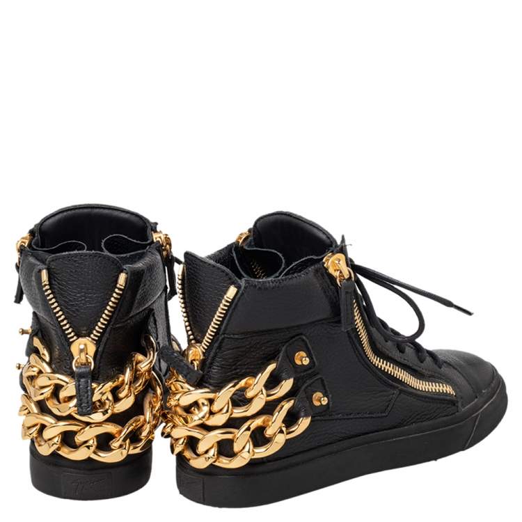 Pre Owned Giuseppe Zanotti Black Leather Chain Embellished Low Top Sneakers Size 38