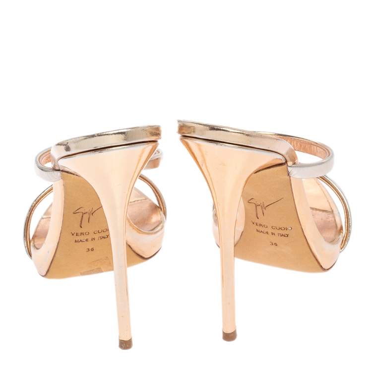 Pre Owned Giuseppe Zanotti Metallic Rose Gold Leather Open Toe Slides Size 36