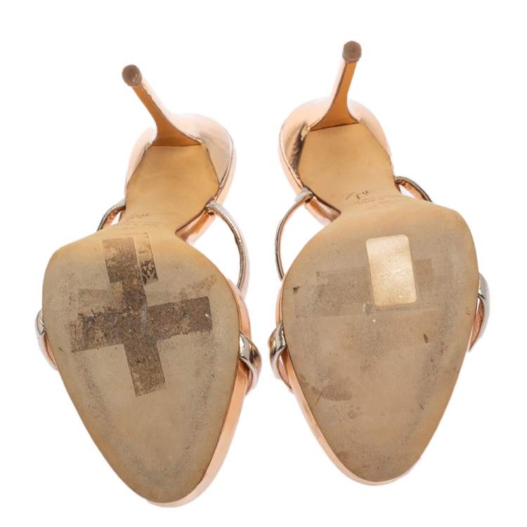 Pre Owned Giuseppe Zanotti Metallic Rose Gold Leather Open Toe Slides Size 36