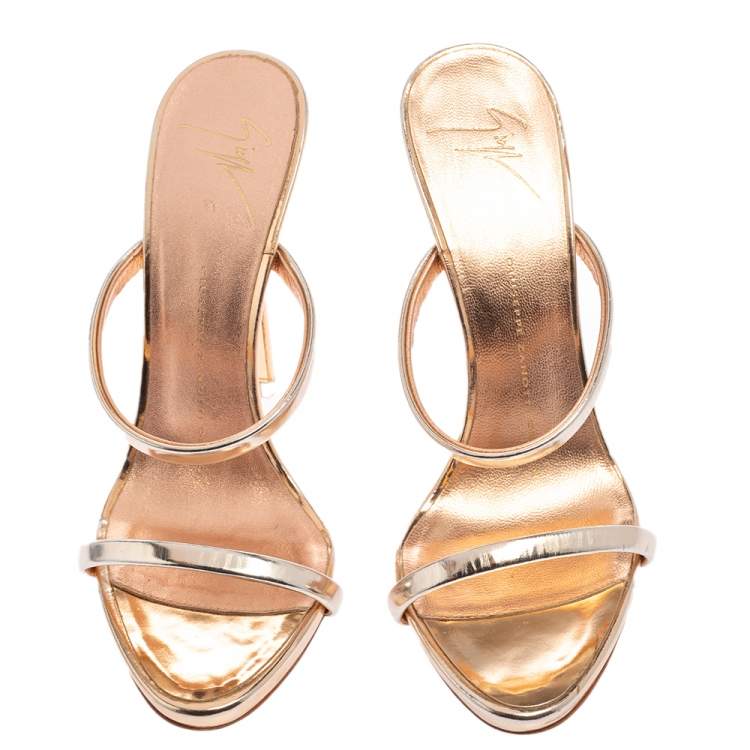 Pre Owned Giuseppe Zanotti Metallic Rose Gold Leather Open Toe Slides Size 36
