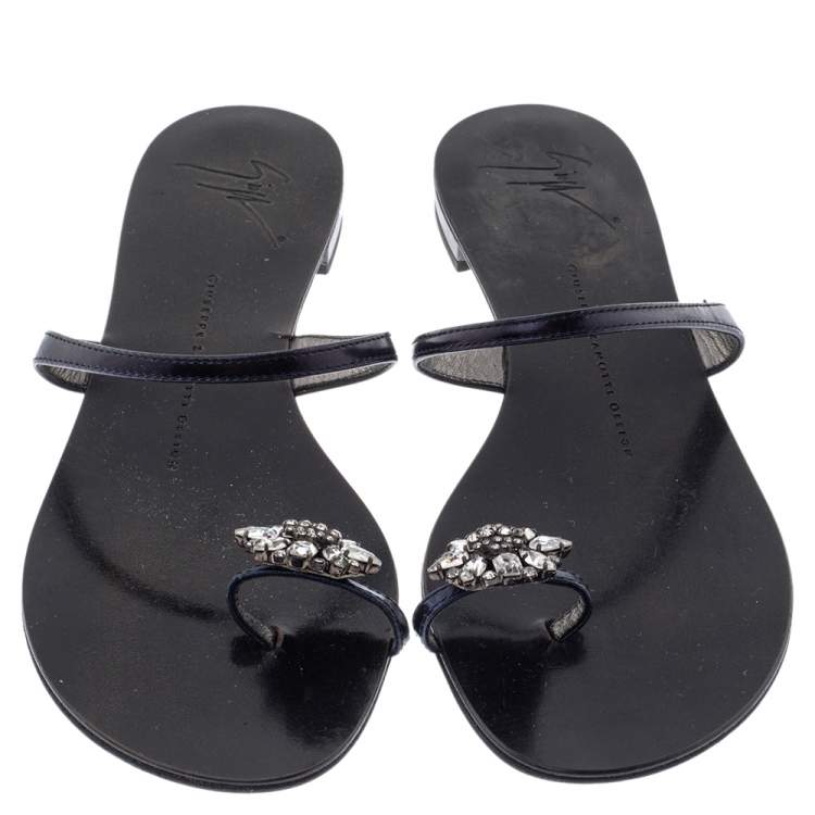Pre Owned Giuseppe Zanotti Black Leather Crystal Embellished Toe Ring Flats Size 38