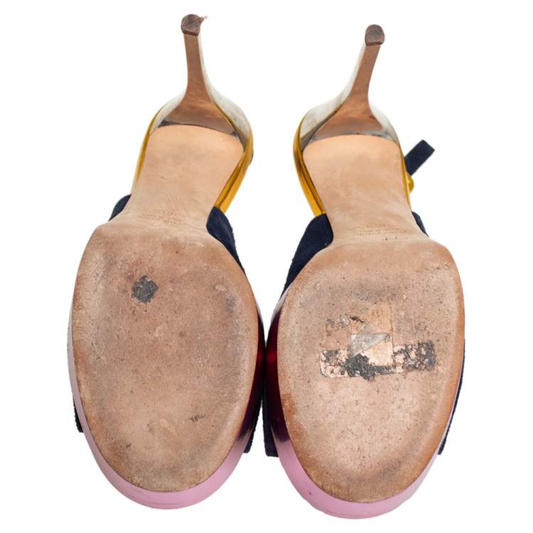 Pre Owned Giuseppe Zanotti Multicolor Suede And Leather Peep Toe Platform Slingback Sandals Size 38.5