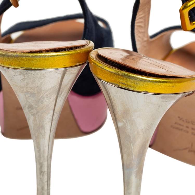 Pre Owned Giuseppe Zanotti Multicolor Suede And Leather Peep Toe Platform Slingback Sandals Size 38.5