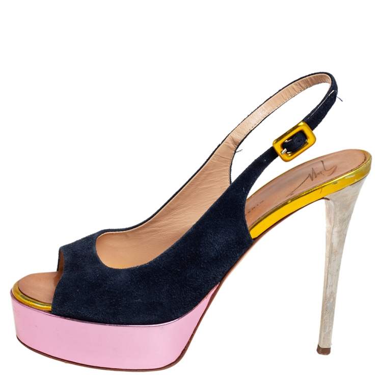 Pre Owned Giuseppe Zanotti Multicolor Suede And Leather Peep Toe Platform Slingback Sandals Size 38.5
