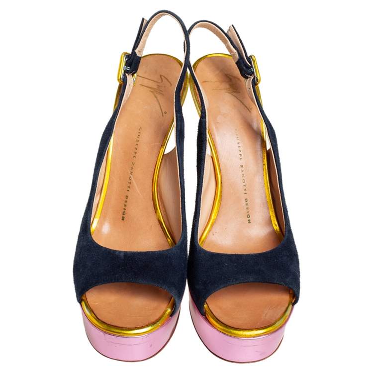 Pre Owned Giuseppe Zanotti Multicolor Suede And Leather Peep Toe Platform Slingback Sandals Size 38.5