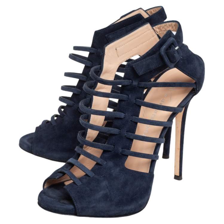 Pre Owned Giuseppe Zanotti Blue Suede Laser Cut Peep Toe Jen Caged Ankle Strap Sandals Size 37.5
