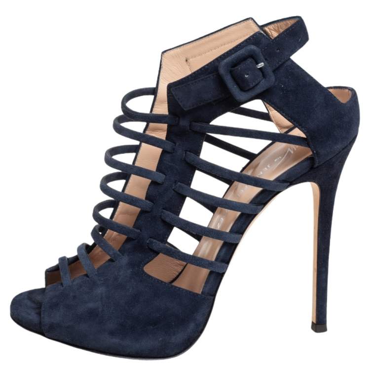 Pre Owned Giuseppe Zanotti Blue Suede Laser Cut Peep Toe Jen Caged Ankle Strap Sandals Size 37.5