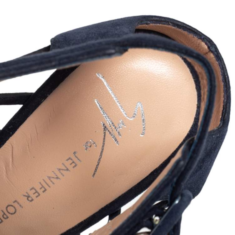 Pre Owned Giuseppe Zanotti Blue Suede Laser Cut Peep Toe Jen Caged Ankle Strap Sandals Size 37.5