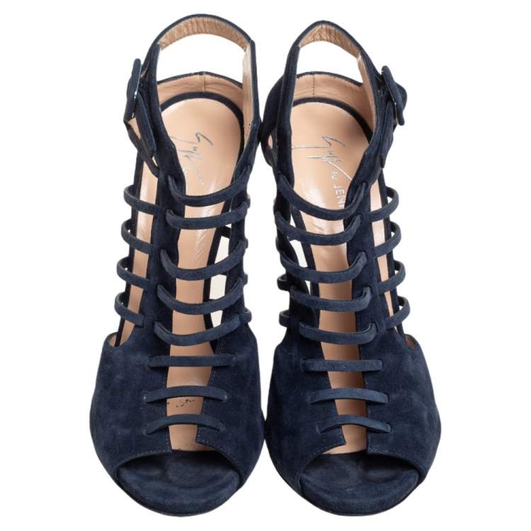 Pre Owned Giuseppe Zanotti Blue Suede Laser Cut Peep Toe Jen Caged Ankle Strap Sandals Size 37.5