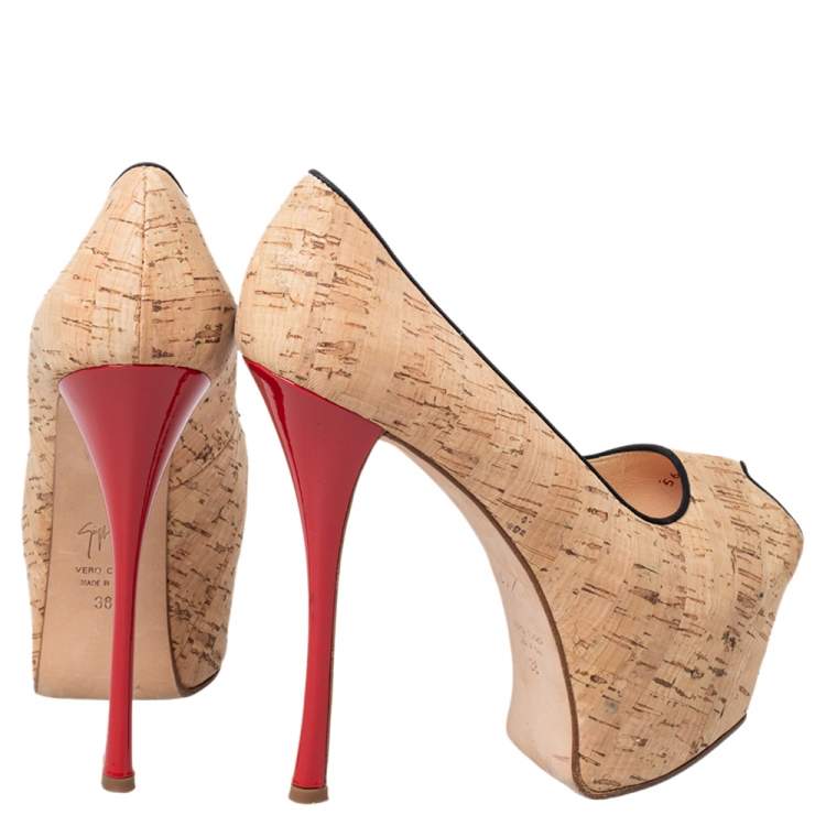 Pre Owned Giuseppe Zanotti Beige Cork Liza Peep Toe Platform Pumps Size 38