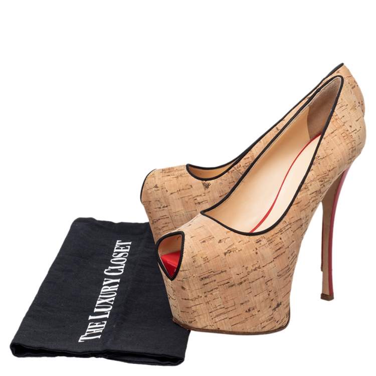Pre Owned Giuseppe Zanotti Beige Cork Liza Peep Toe Platform Pumps Size 38