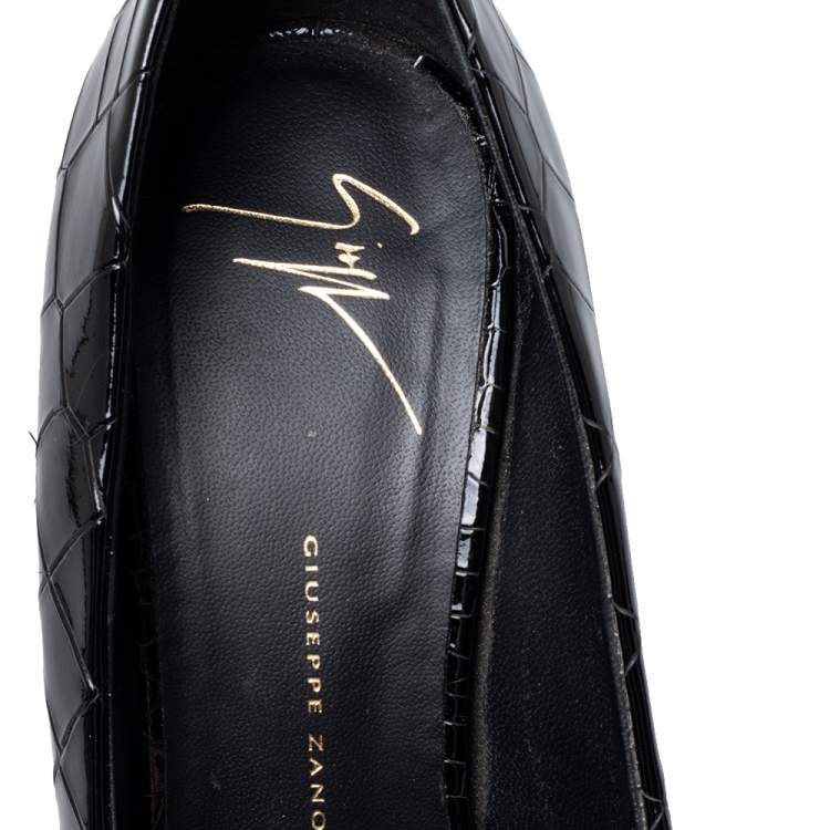 Pre Owned Giuseppe Zanotti Black Patent Croc Embossed Leather Sharon Peep Toe Platform Pumps Size 38