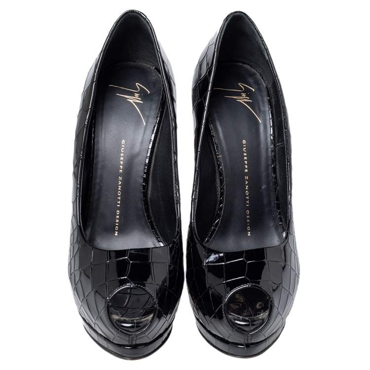 Pre Owned Giuseppe Zanotti Black Patent Croc Embossed Leather Sharon Peep Toe Platform Pumps Size 38