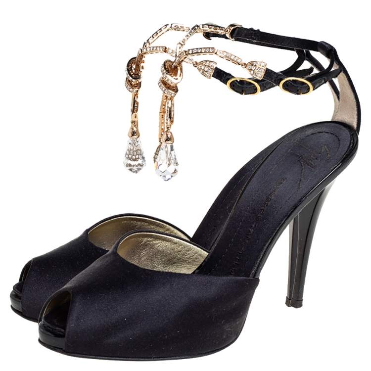 Pre Owned Giuseppe Zanotti Black Satin Crystal Embellished Peep Toe Ankle Strap Sandals Size 36