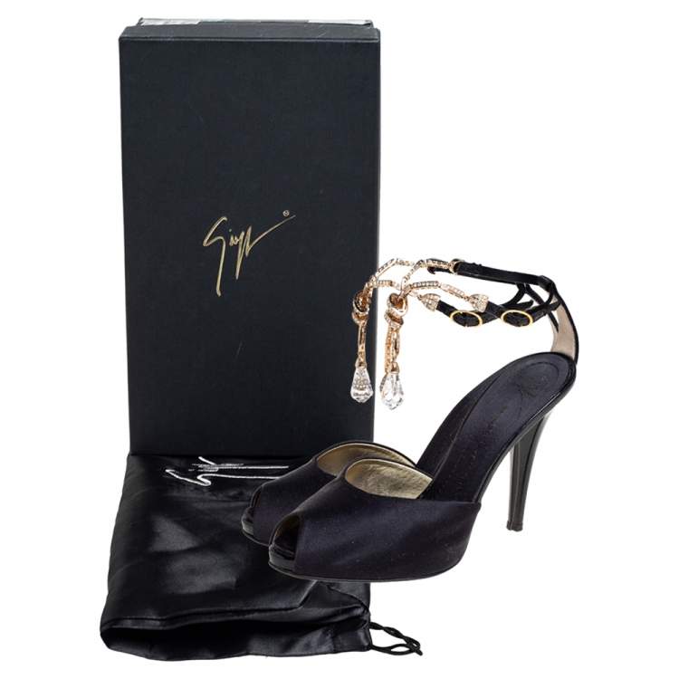 Pre Owned Giuseppe Zanotti Black Satin Crystal Embellished Peep Toe Ankle Strap Sandals Size 36