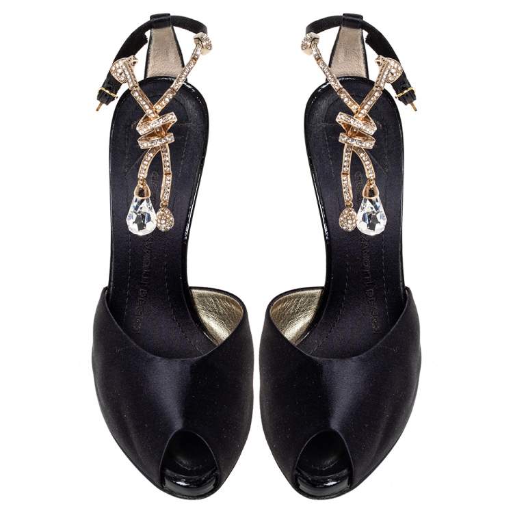 Pre Owned Giuseppe Zanotti Black Satin Crystal Embellished Peep Toe Ankle Strap Sandals Size 36