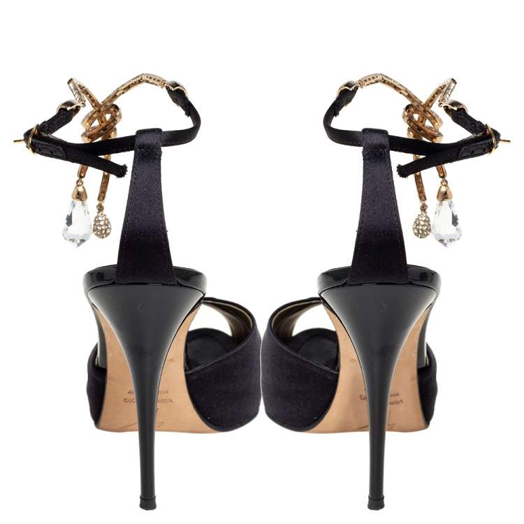 Pre Owned Giuseppe Zanotti Black Satin Crystal Embellished Peep Toe Ankle Strap Sandals Size 36