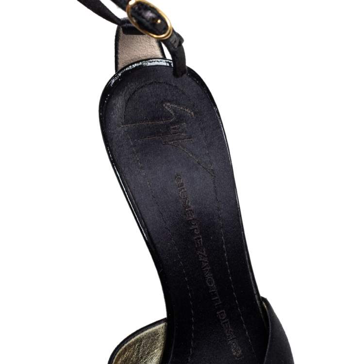 Pre Owned Giuseppe Zanotti Black Satin Crystal Embellished Peep Toe Ankle Strap Sandals Size 36