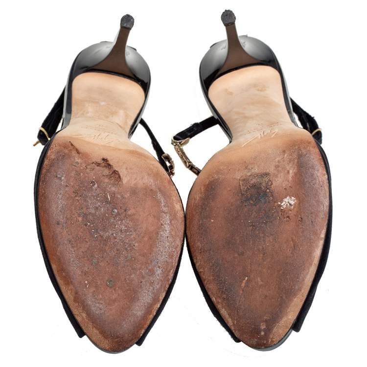 Pre Owned Giuseppe Zanotti Black Satin Crystal Embellished Peep Toe Ankle Strap Sandals Size 36