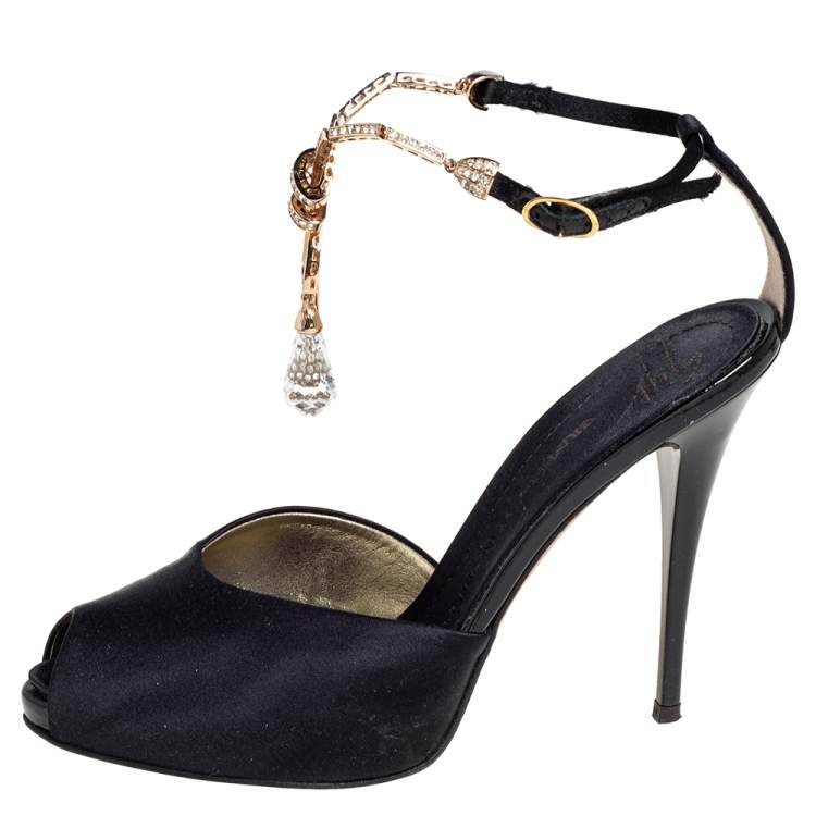 Pre Owned Giuseppe Zanotti Black Satin Crystal Embellished Peep Toe Ankle Strap Sandals Size 36