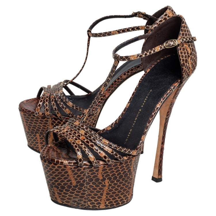 Pre Owned Giuseppe Zanotti Brown/Beige Python  Leather T Strap Sasha Platform Sandals Size 37