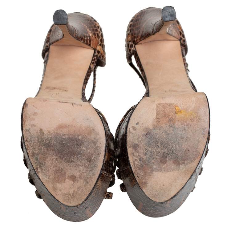 Pre Owned Giuseppe Zanotti Brown/Beige Python  Leather T Strap Sasha Platform Sandals Size 37