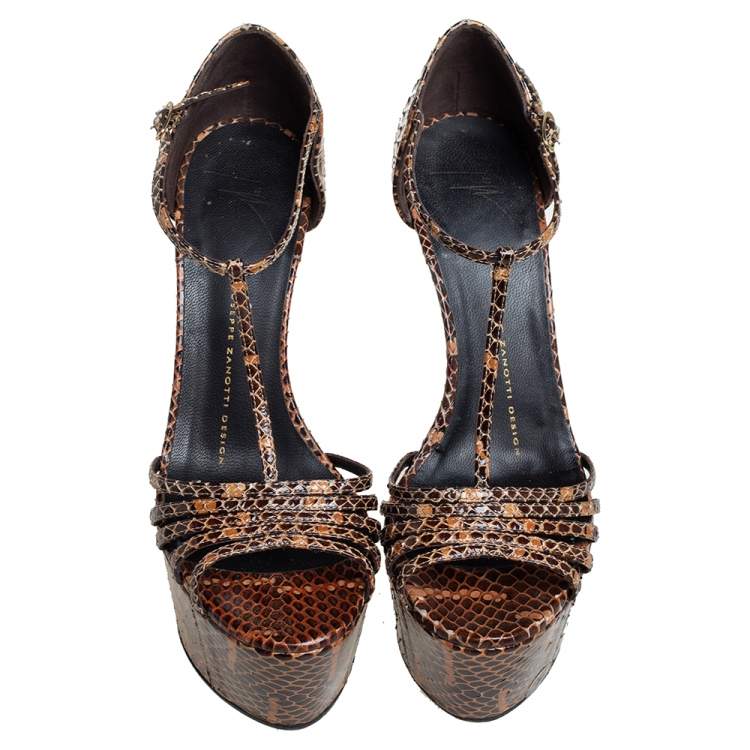 Pre Owned Giuseppe Zanotti Brown/Beige Python  Leather T Strap Sasha Platform Sandals Size 37