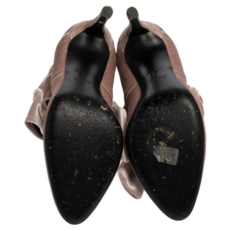 Pre Owned Giuseppe Zanotti Beige Velvet Bow Ankle Boots Size 37