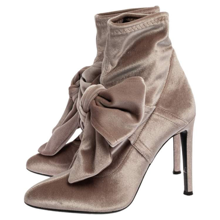 Pre Owned Giuseppe Zanotti Beige Velvet Bow Ankle Boots Size 37