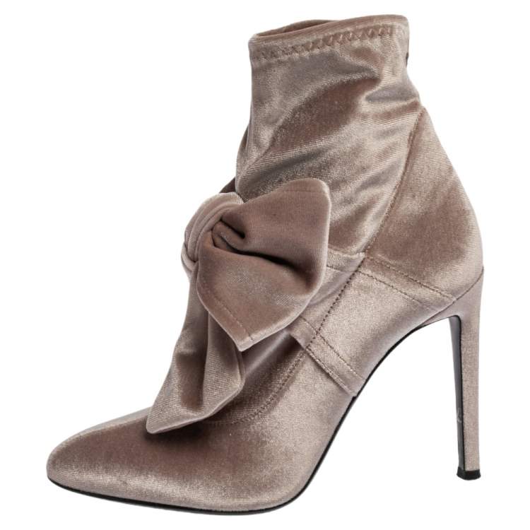 Pre Owned Giuseppe Zanotti Beige Velvet Bow Ankle Boots Size 37