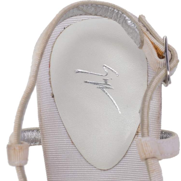Pre Owned Giuseppe Zanotti White Fabric And Satin Embellished Ankle Strap Sandals Size 37.5