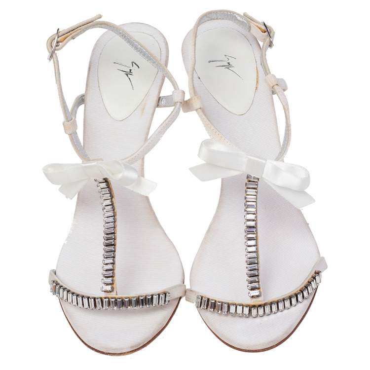Pre Owned Giuseppe Zanotti White Fabric And Satin Embellished Ankle Strap Sandals Size 37.5