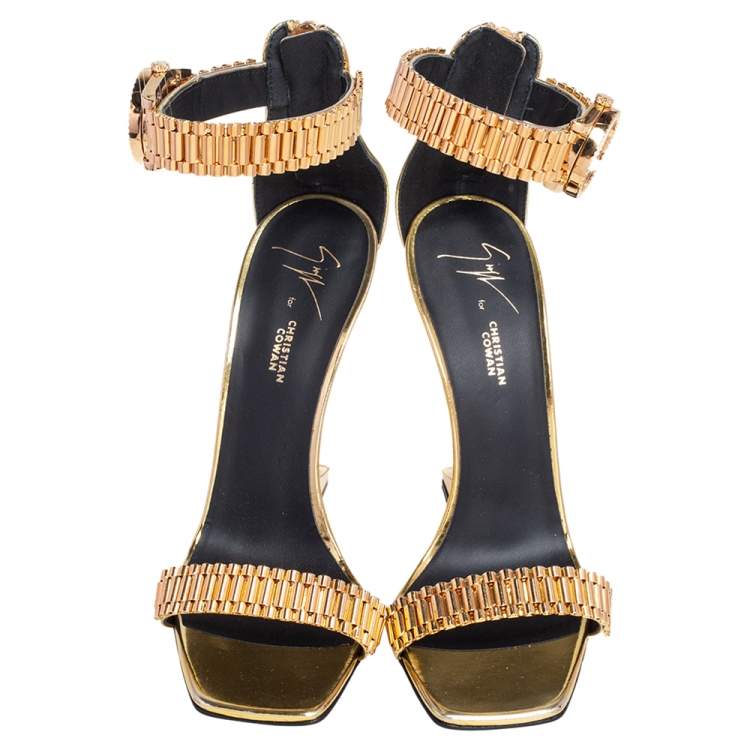 Pre Owned Giuseppe Zanotti Gold Leather Gzxcowan Ankle Strap Sandals Size 37