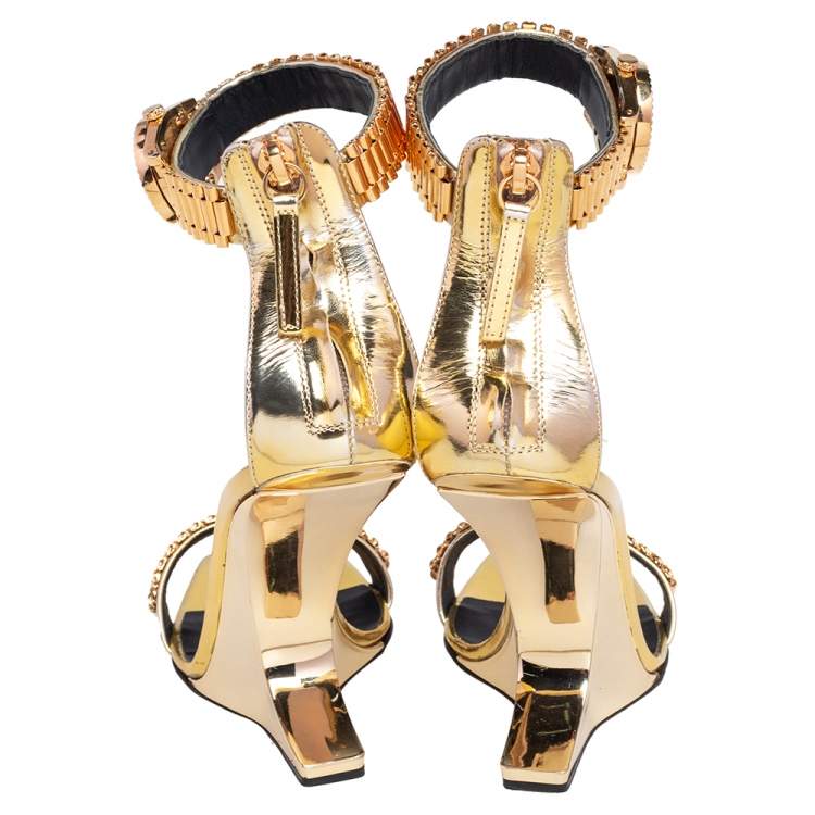 Pre Owned Giuseppe Zanotti Gold Leather Gzxcowan Ankle Strap Sandals Size 37